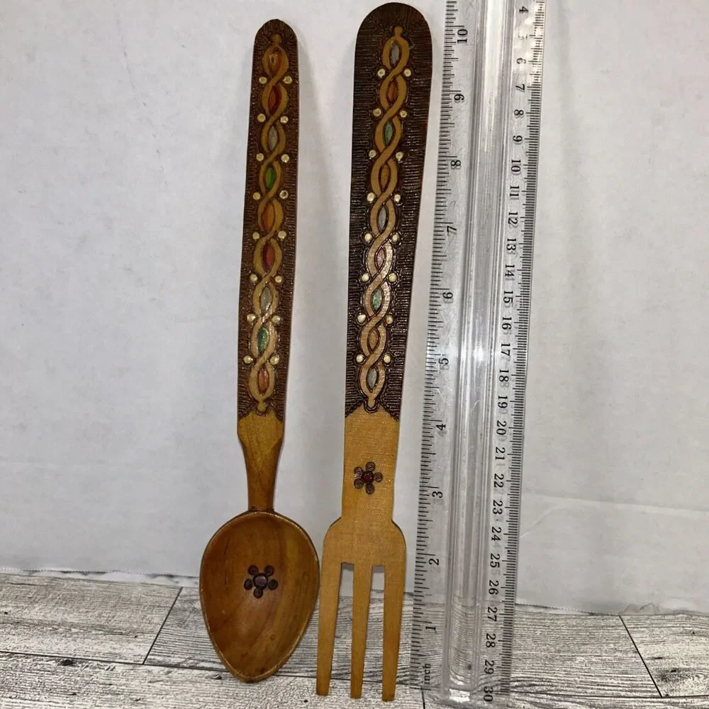 Hand Carved & Painted Wood Small Serving Fork & Spoon Set with Flowers